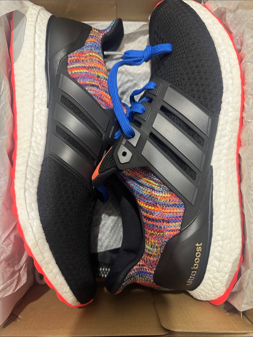 adidas ultraboost with Multicolor Knit Collar and Blue Laces
